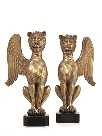COPPIA DI ANIMALI FANTASTICI, VENEZIA, SECOLO XIXin legno scolpito e dorato,...