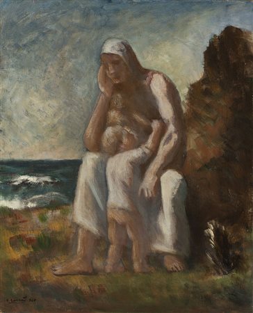 Carlo Carrà (Quargnento 1881 - Milano 1966) - "Maternità" 1945 olio su tela,...