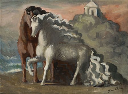 Giorgio De Chirico (Volos 1888 - Roma 1978) - "Due cavalli antichi in riva al...