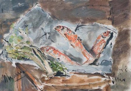 Filippo De Pisis Ferrara 1896 - Milano 1956 Natura morta con pesci, 1942 olio...