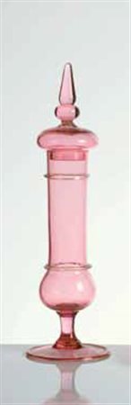 Paolo Venini Bottiglia con tappo in vetro rosa anni ’50, altezza cm 34,5....