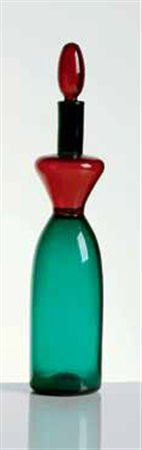 Venini Bottiglia ad incalmo verde e rosso con tappo anni ’50, altezza cm 37....