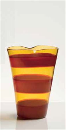 Fulvio Bianconi Vaso in vetro a sezione schiacciata giallo con fasce...