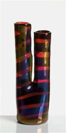 Fulvio Bianconi Vaso a due colli in vetro a fasce orizzontali e superficie...