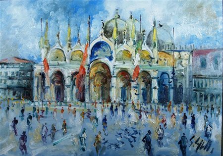 CAPPELLO EMANUELE (Ragusa 1936) "Piazza" Olio su tela cm. H: 50.00 L: 70.00...