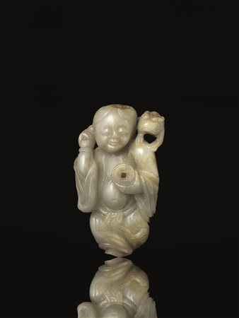 INTAGLIO, CINA, SEC. XIXin giada raffigurante bimbo con rana sulla spalla,...