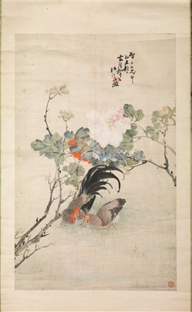 DIPINTO, CINA, SEC. XIXsu carta, raffigurante due galli sotto un ramo...