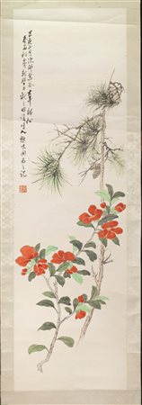 DIPINTO, CINA, SEC. XXsu carta, raffigurante fiori rossi, cm 108,5x31,5 Red...