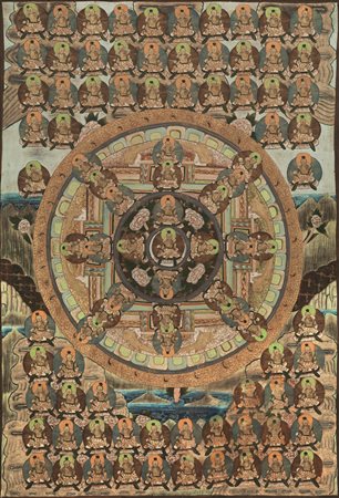 THANGKA, TIBET, SECC. XIX-XX dipinto su tela raffigurante i mille Buddha, cm...
