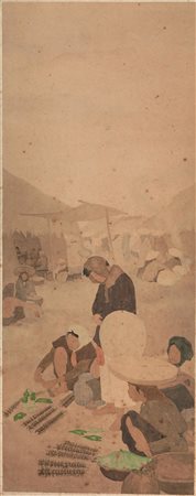 DIPINTO CINA SEC. XX su carta raffigurante scena di vita quotidiana 90x35 A...