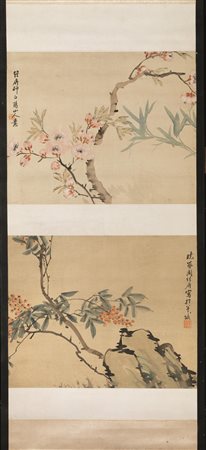 DIPINTO CINA SEC.XX su seta raffiguranti due rami con fiori e frutti cm 69x39...