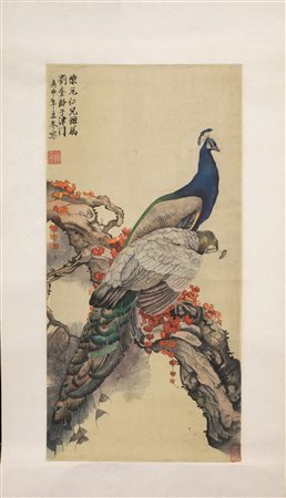 DIPINTO CINA SEC. XIX su carta raffiguranti due grandi volatili su un tronco...