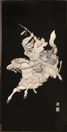 PANNELLO, GIAPPONE, PERIODO MEIJIin legno laccato decorato con samurai a...