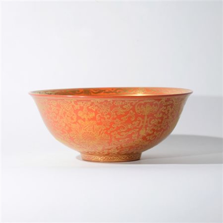 A Chinese coral red ground bowl