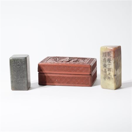 Two Chinese soapstone seals and a lacquer box