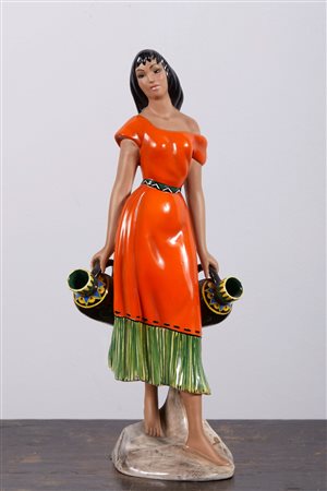 MANIFATTURA GIUSEPPE RONZAN “Fanciulla”. Statuetta in ceramica policroma. Cm...