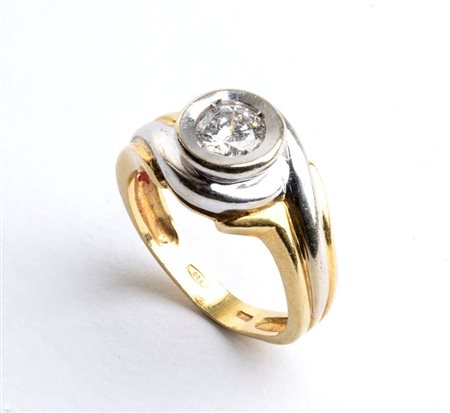 Anello solitario in oro montatura contrariè in oro giallo e bianco 18k,...