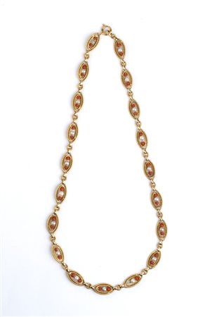 Collana in oro con corallo medierraneo e perle in oro giallo 18k, catena a...