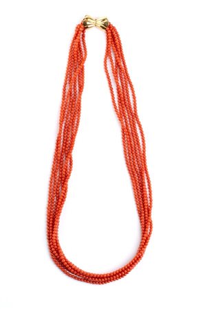 Collana in oro e corallo fermezza a forma di fiocco in oro giallo 18k, con 6...