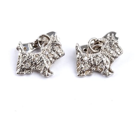 Gemelli in oro con diamanti in oro bianco 18k, a forma di cane, incastonati...