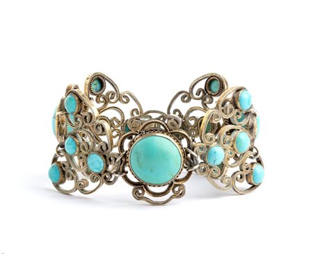 Bracciale in argento con turchesi maglie con motivo a volute, incastonato con...