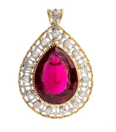 Pendente in oro con diamanti e rubellite in oro giallo ed oro bianco,...