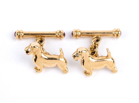 Gemelli in oro e diamanti in oro giallo 18k, a forma di cani bassotti, occhi...