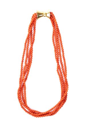 Collana in oro e corallo Mediterraneo fermezza in oro giallo 18k, a quattro...