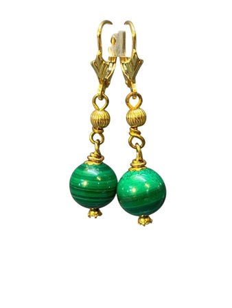 Orecchini pendenti in oro e malachite in oro giallo 18k, con sfere di...