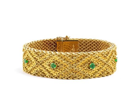 Bracciale in oro con smeraldi motivo a nastro in oro giallo 18k, a maglia...