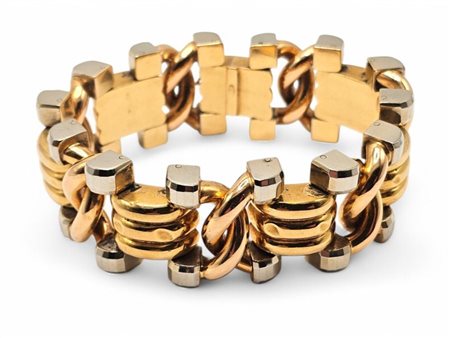 Bracciale tank in oro Anni '40 maglie articolate, concatenate, a motivo di...