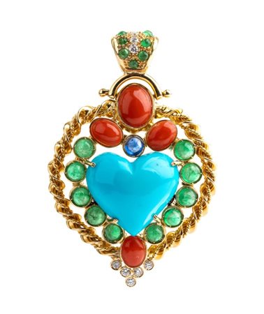 Pendente in oro con turchesi, smeraldi, diamanti e corallo in oro giallo,...