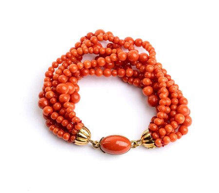Bracciale in oro con corallo Mediterraneo fermezza in oro giallo 18k, ad 8...