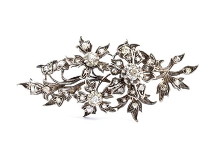 Spilla in argento ed oro con diamanti fine XIX secolo in oro giallo 14k ed...