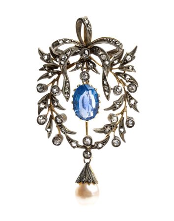 Spilla in argento e oro con zaffiro sintetico e diamanti fine XIX secolo...