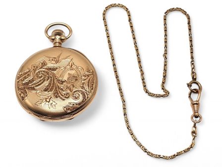 Orologio da tasca in oro cassa in oro giallo 14k, quadrante bianco con indici...