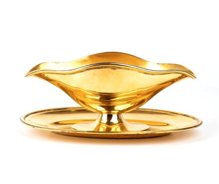 Salsiera italiana con sottopiatto in argento dorato Anni '40 Altezza x...
