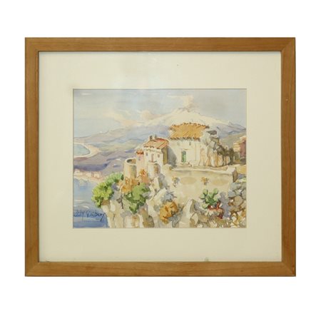 Lily Giachery (Inghilterra 1907 - Taormina 1994)  - Paesaggio di Taormina con casa sul mare ed Etna sullo sfondo