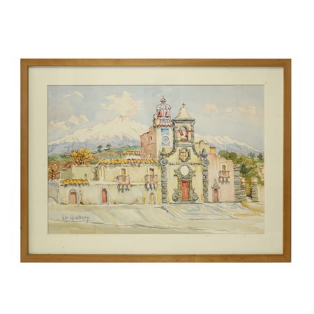 Lily  Giachery (Inghilterra 1907 - Taormina 1994)  - Paesaggio con chiesa ed Etna sullo sfondo