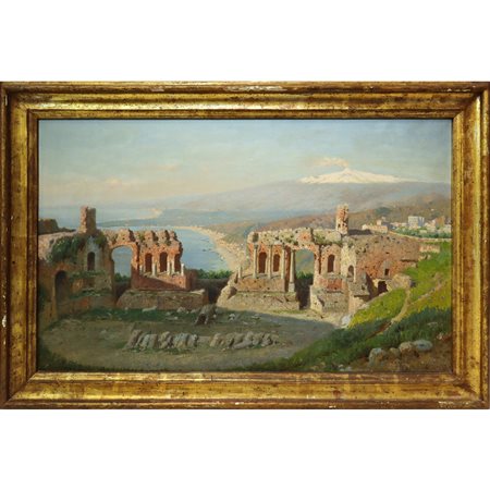 Mario  Mirabella (1870 - 1931)  - Teatro greco di Taormina con vista dell'Etna