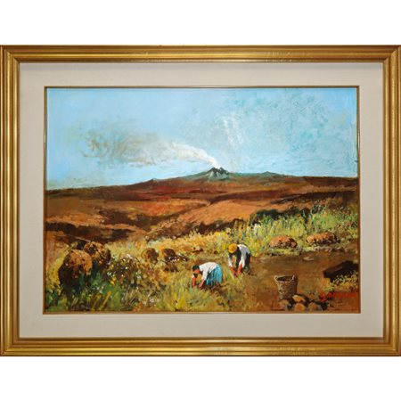 Etna e contadini nei campi