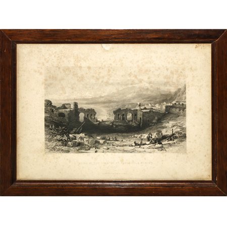 N°2 Incisioni: Etna e teatro greco di Taormina e Castello di Ferrara