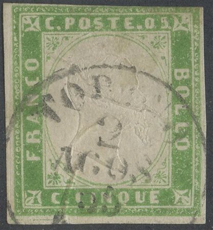  
Sardegna - IV emissione, 5 cent. Verde Giallo Tenue del 1855 
 