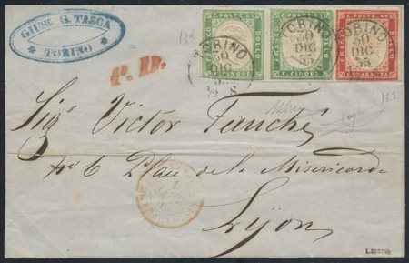  
Sardegna - IV emissione, Busta per la Francia affrancata tramite una coppia di Verde Pisello + Vermiglio con doppia stampa ed effige ''a cavallo'' 
 