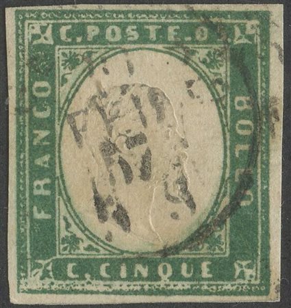  
Sardegna - IV emissione, 5 cent.  tiratura di inizio 1857 ''Verde Bottiglia'' 
 