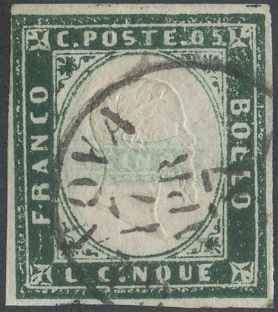  
Sardegna - IV emissione, 5 cent. verde mirto con doppia stampa. 
 