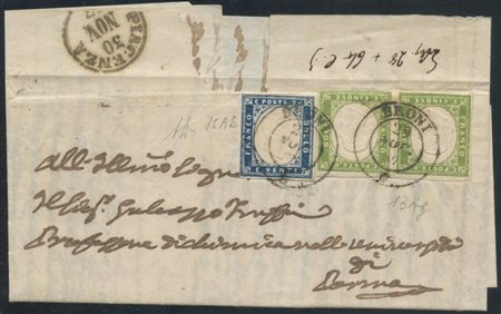  
Sardegna - IV emissione, coppia del verde giallo olivastro + indaco su lettera 
 