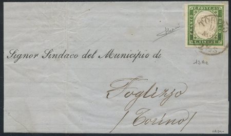  
Sardegna - IV emissione, Circolare affrancata tramite un 5 cent. verde giallo scuro 
 