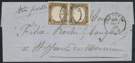  
Sardegna - IV emissione, coppia del 10 cent. terra d'ombra su lettera. 
 