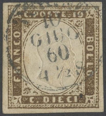  
Sardegna - IV emissione, 10 cent. terra d'ombra usato tardivamente. 
 